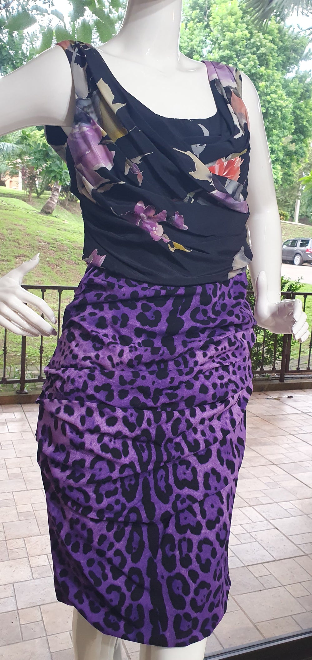 Dolce & Gabbana Silk Floral and Leopard Print Draped Dress