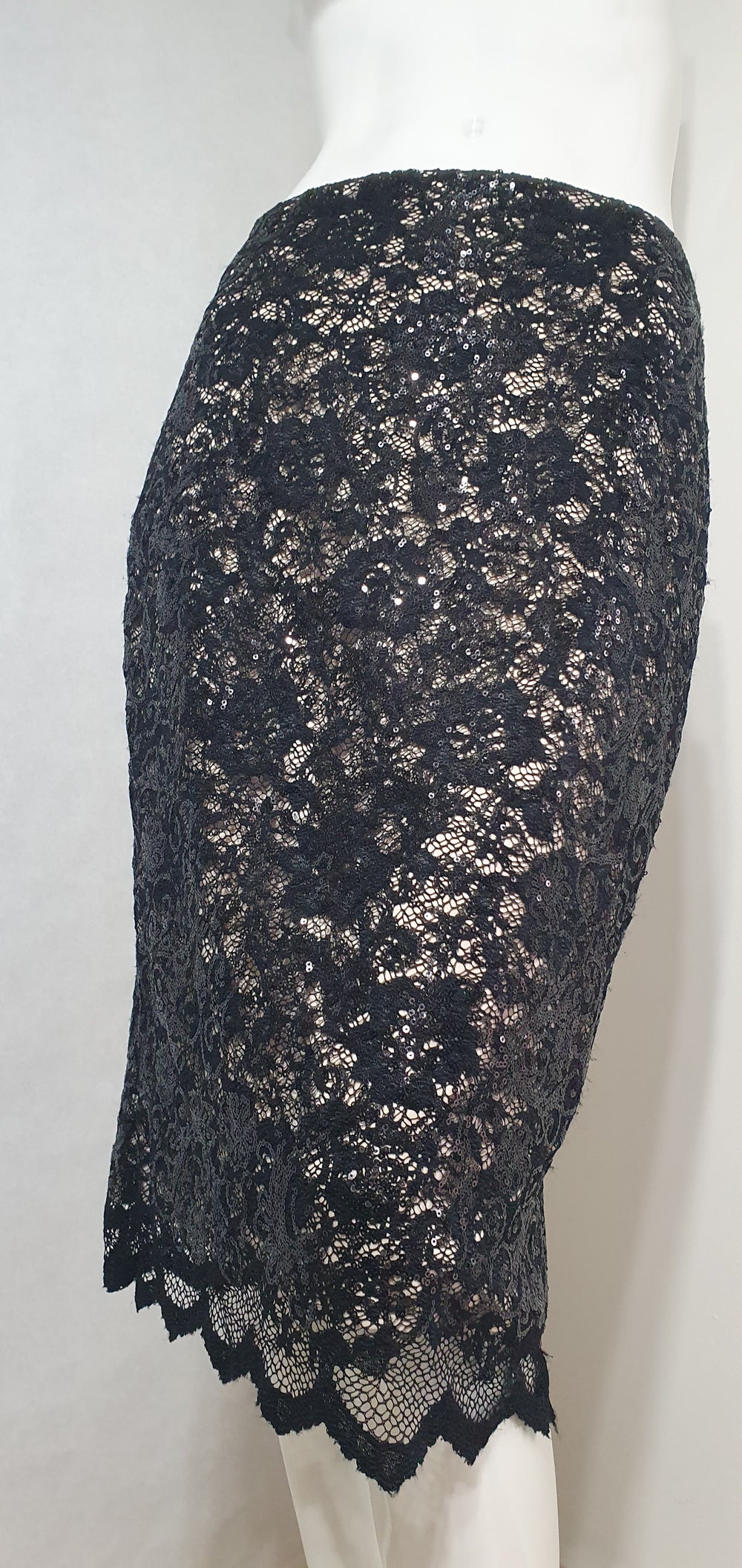 Belle Badgley Mischka Black Sequin Lace Pencil Skirt