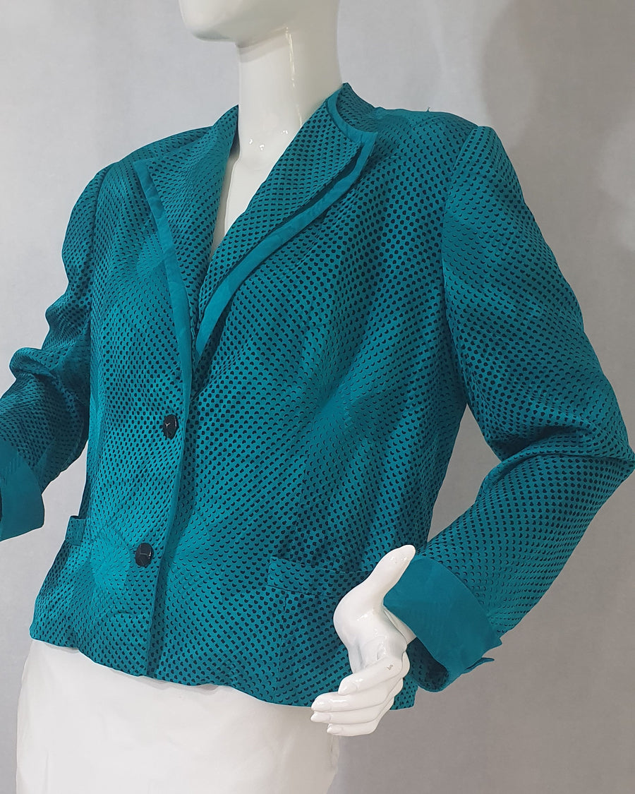 Baron Peters for Montaldo's Teal Silk Dot Print Blazer