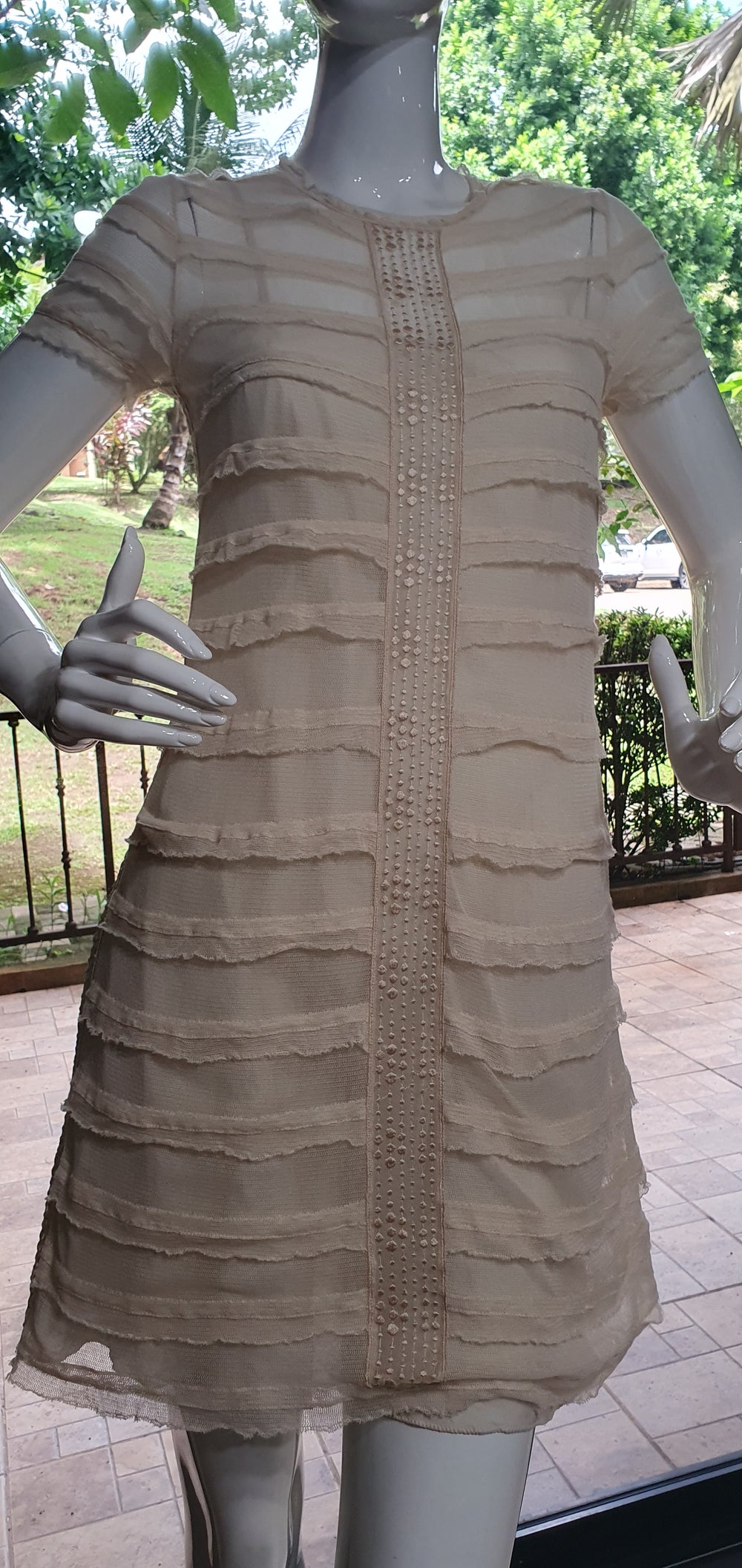 Robert Rodriguez Cream Tiered Cotton Mesh Shift Dress