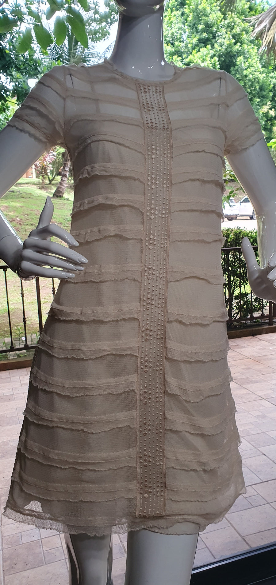 Robert Rodriguez Cream Tiered Cotton Mesh Shift Dress